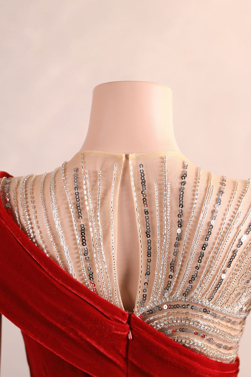 Crew One-Shoulder Empire Sweep Train Sequins Beading Evening Dress-Ballbella