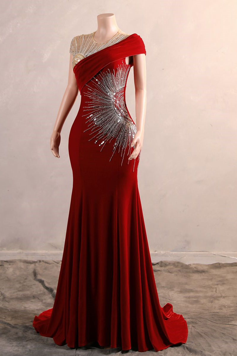 Crew One-Shoulder Empire Sweep Train Sequins Beading Evening Dress-Ballbella