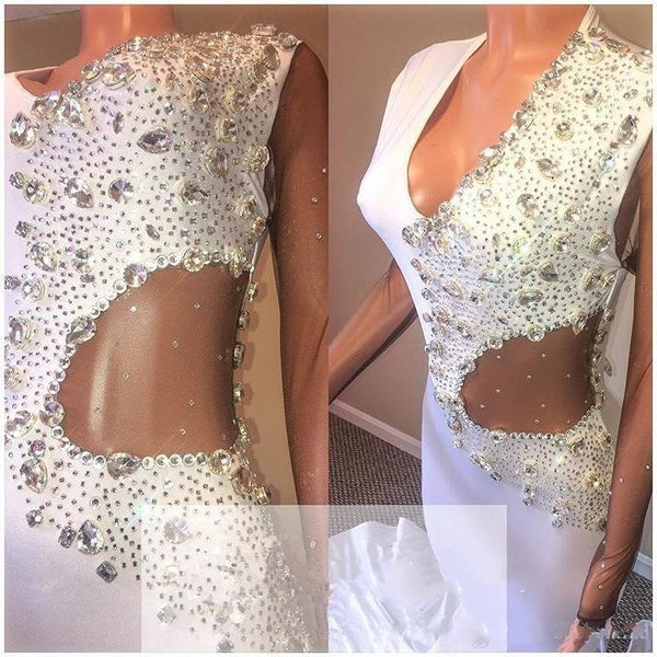 Ballbella offers Crystal Beading White V-neck Sweep Train Mermaid Evening Gowns at a cheap price from  to Mermaid hem.. Click in to check our Gorgeous yet affordable sweep train Real model dresses.