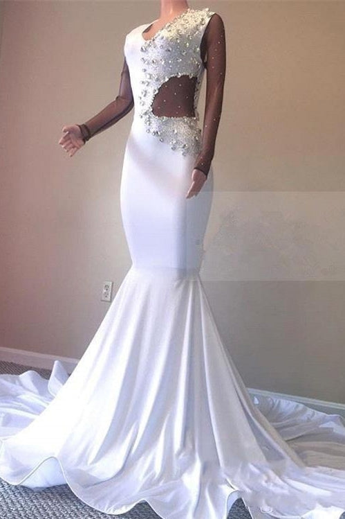 Ballbella offers Crystal Beading White V-neck Sweep Train Mermaid Evening Gowns at a cheap price from  to Mermaid hem.. Click in to check our Gorgeous yet affordable sweep train Real model dresses.