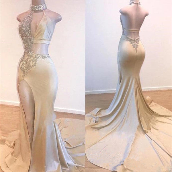 Still not know where to get your event dresses online? Ballbella offer you new arrival Crystal Halter Side Slit Prom Dresses A-Line Backless Sleeveless Evening Dresses at factory price,  fast delivery worldwide.