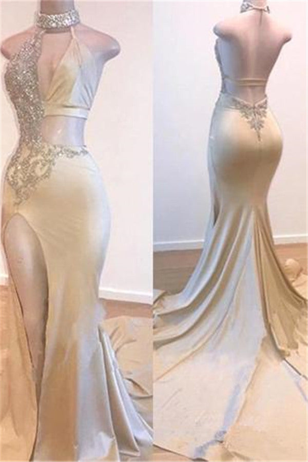 Crystal Halter Side Slit Prom Dresses A-Line Backless Sleeveless Evening Dresses-Ballbella