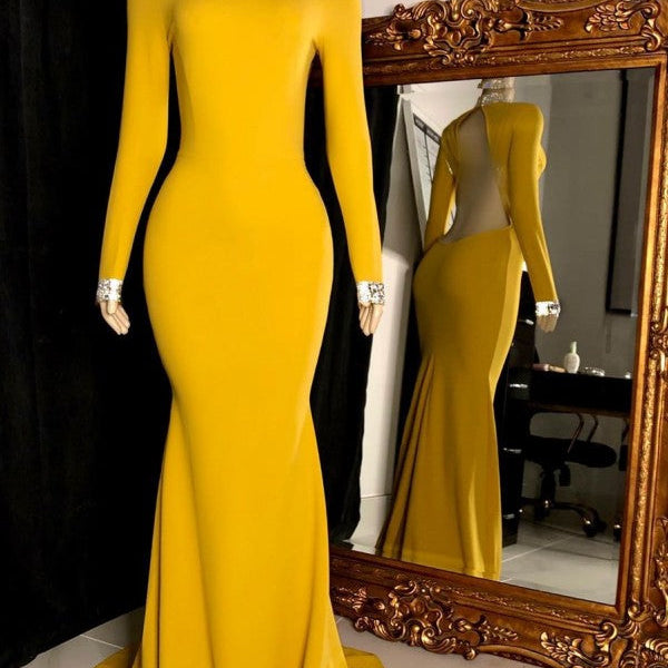 Curvy Long Sleevess Open Back Mermaid Evening Dresses