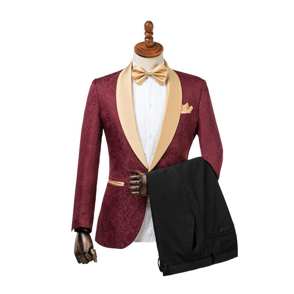 Custom design Burgundy Slim Fit Jacquard Wedding Suit for Men-Ballbella