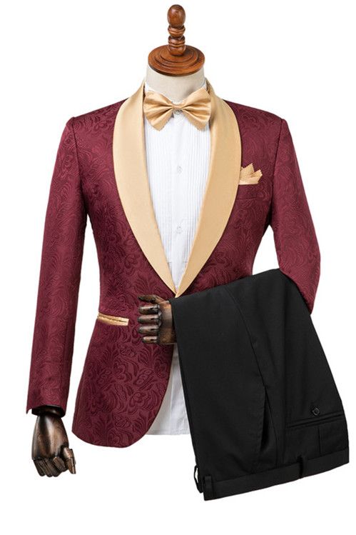 Custom design Burgundy Slim Fit Jacquard Wedding Suit for Men-Ballbella