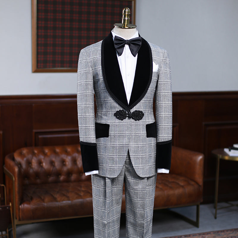 Looking for the best collection of Custom design Gray Plaid Knitted Button Wedding Suit For Grooms with affordable price Shop Gray Shawl Lapel Men blazers at Ballbella with free shipping available.