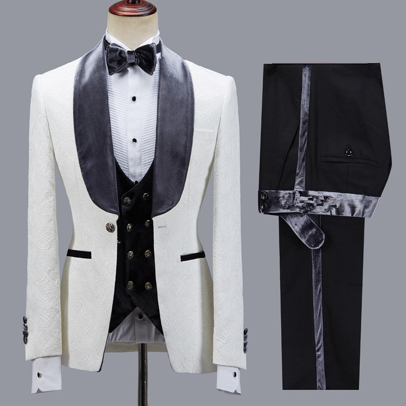 Ballbella is your ultimate source for Custom design Jacquard Slim Fit Shawl Lapel Wedding Men Suits. Our White Shawl Lapel wedding groom Men Suits come in Bespoke styles &amp; colors with high quality and free shipping.