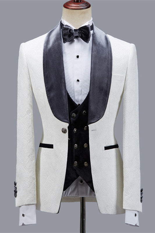 Ballbella is your ultimate source for Custom design Jacquard Slim Fit Shawl Lapel Wedding Men Suits. Our White Shawl Lapel wedding groom Men Suits come in Bespoke styles &amp; colors with high quality and free shipping.