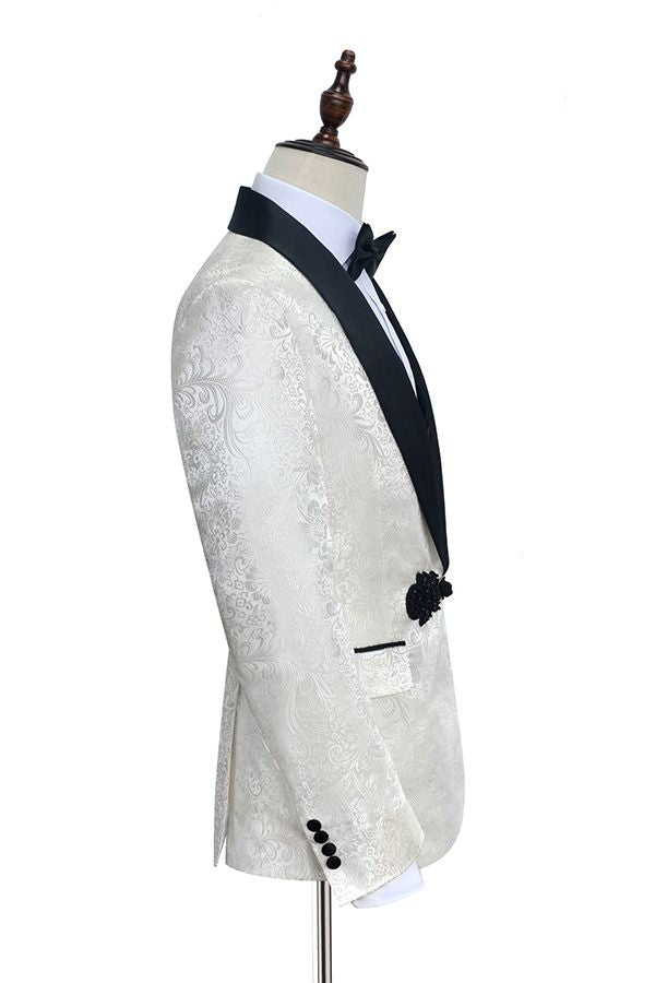 Custom design Knitted Button Black Shawl Lapel Three Piece White Jacquard Wedding Tuxedo for Men-Ballbella
