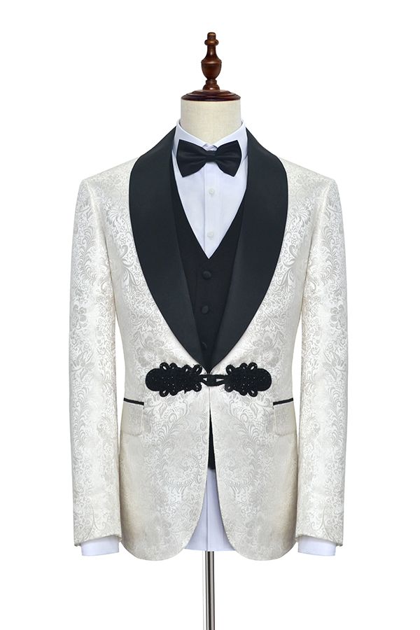 Custom design Knitted Button Black Shawl Lapel Three Piece White Jacquard Wedding Tuxedo for Men-Ballbella