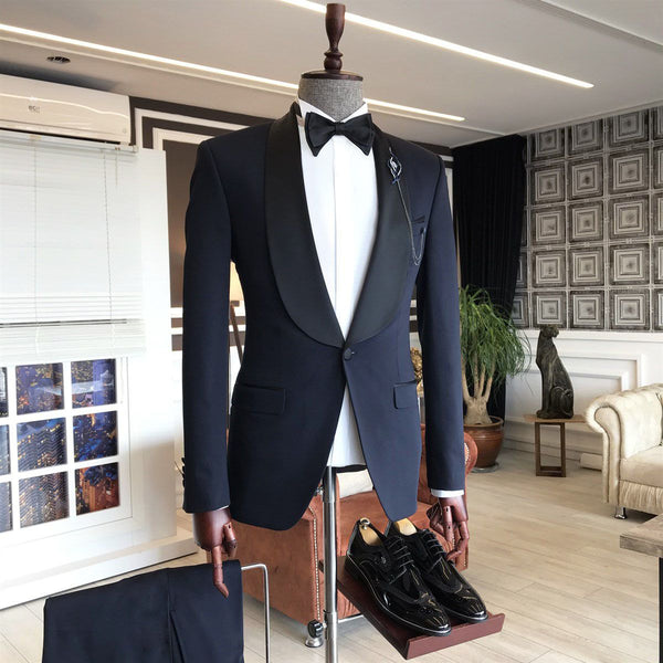 Custom design Shawl lapel 3-pieces Navy Blue Slim Fit One Button Wedding Men Suits-Ballbella