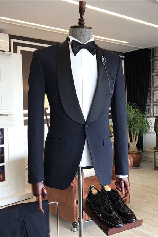 Custom design Shawl lapel 3-pieces Navy Blue Slim Fit One Button Wedding Men Suits-Ballbella
