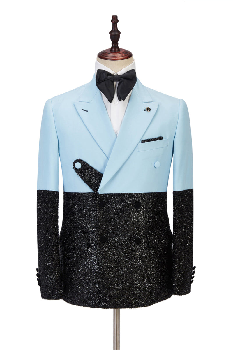 This Custom design Sky Blue Stitching Sparkle Black Peak Lapel Two-piece Men Suit Online at Ballbella comes in all sizes for prom, wedding and business. Shop an amazing selection of Peaked Lapel Double Breasted Blue mens suits in cheap price.