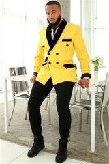 The Bespoke Shawl Lapel Double Breasted Men Suit is an essential part of any wardrobe. Whether you need a sharp business suit, a Custom design black tie evening look or a wedding or prom suit, you will find the perfect fit in Ballbella collection.made this Custom design Yellow Double Breasted Slim Fit Mens Suits with Black Shawl with rush order service.