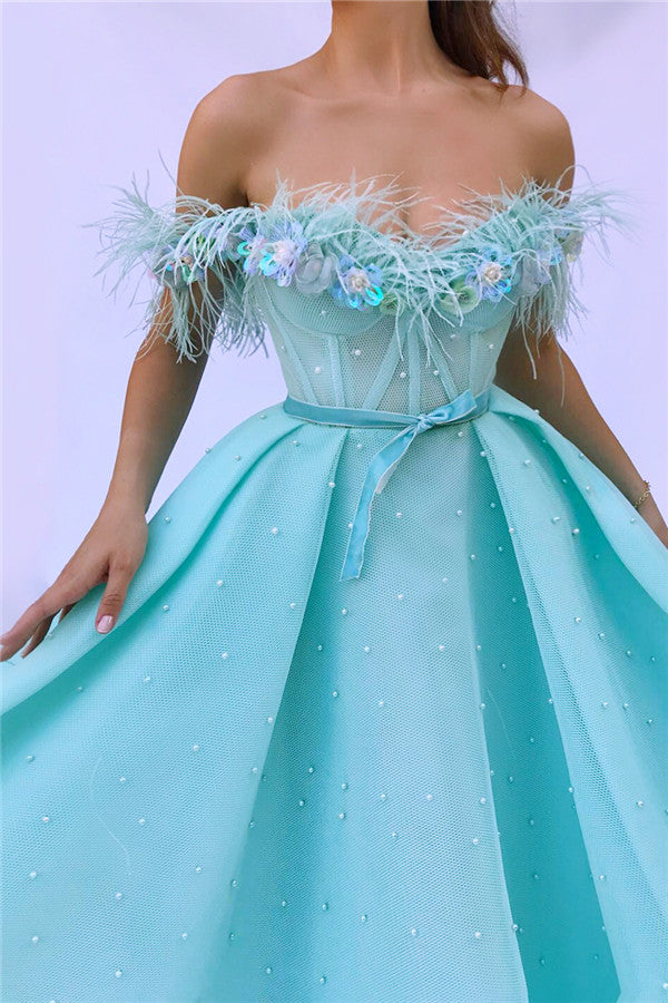 Ballbella has variety of Cute Feather Tulle Long Off-the-Shoulder Sleeveless Prom Party Gowns with Pearls on sale,  you can find your cute feather long prom dresses here,  and we promise you the very best quality.