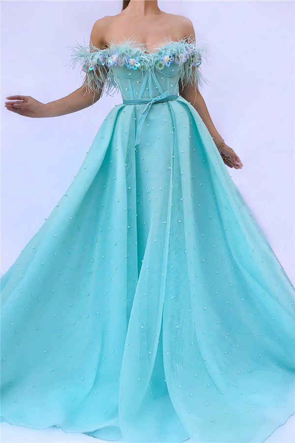 Ballbella has variety of Cute Feather Tulle Long Off-the-Shoulder Sleeveless Prom Party Gowns with Pearls on sale,  you can find your cute feather long prom dresses here,  and we promise you the very best quality.
