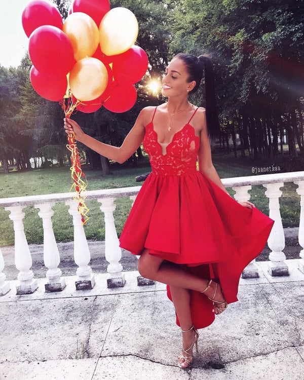 Buy high quality discount Cute Red High-low A-line Lace V-neck Homecoming Dress from Ballbella. Shipping worldwide,  custom made all sizes &colors. SHOP NOW