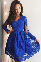 Cute Royal Blue Lace Long Sleeves Homecoming Dress Short Hoco Dresses-Ballbella