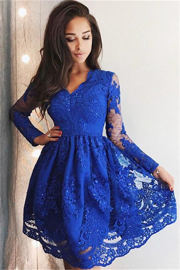 Cute Royal Blue Lace Long Sleeves Homecoming Dress Short Hoco Dresses-Ballbella