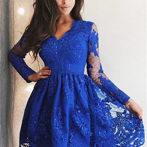 Cute Royal Blue Lace Long Sleeves Homecoming Dress Short Hoco Dresses Cute Royal Blue Lace Long Sleeves Homecoming Dress Short Hoco Dresses