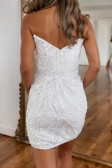 Cute Sleeveless Sweetheart Sparkle White Beads Short Homecoming Dresses-Ballbella