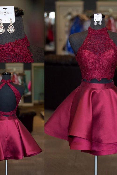 2 piece homecoming dresses cheap near me Cute Two-Piece Blue Halter Neck Hoco Dresses Lace Closure Primary colour:Black Sequined How to Choose the