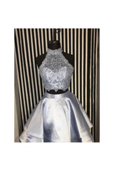 Cute Two-Piece Homecoming Dresses Blue Halter Neck Hoco Dresses-Ballbella