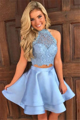 Cute Two-Piece Homecoming Dresses Blue Halter Neck Hoco Dresses-Ballbella