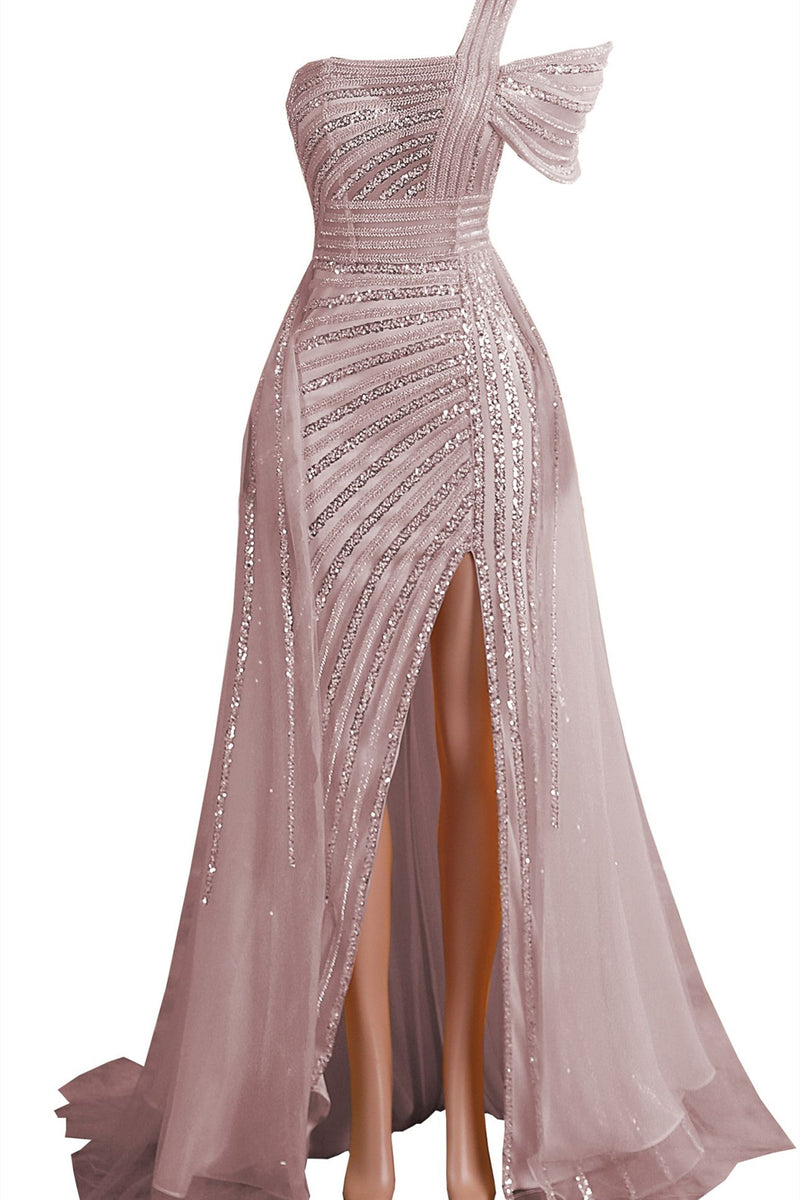Gorgeous One shoulder Dusty Sage Prom Dress Slit Long With Sequins Beads