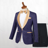 Dark Blue Jacquard Shawl Lapel Wedding Suits-Ballbella