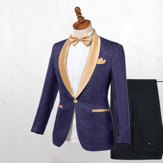 Dark Blue Jacquard Shawl Lapel Wedding Suits-Ballbella