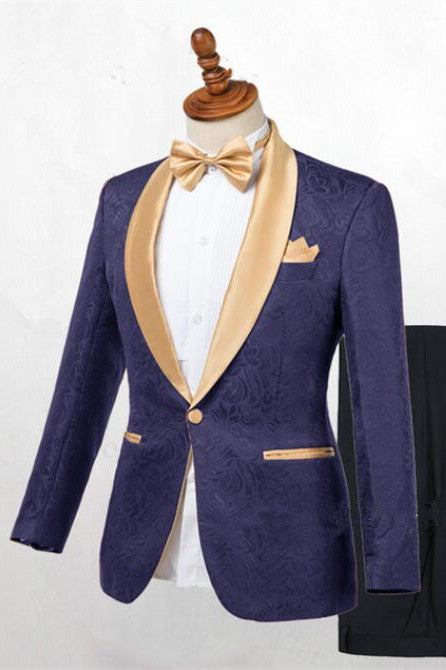 Dark Blue Jacquard Shawl Lapel Wedding Suits-Ballbella