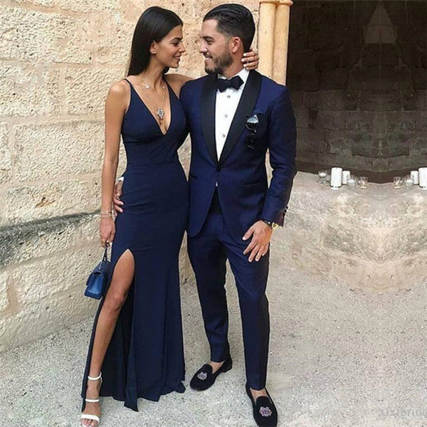 Dark Blue One Button Two-Piece Men's Prom Suits with Black Lapel-Ballbella