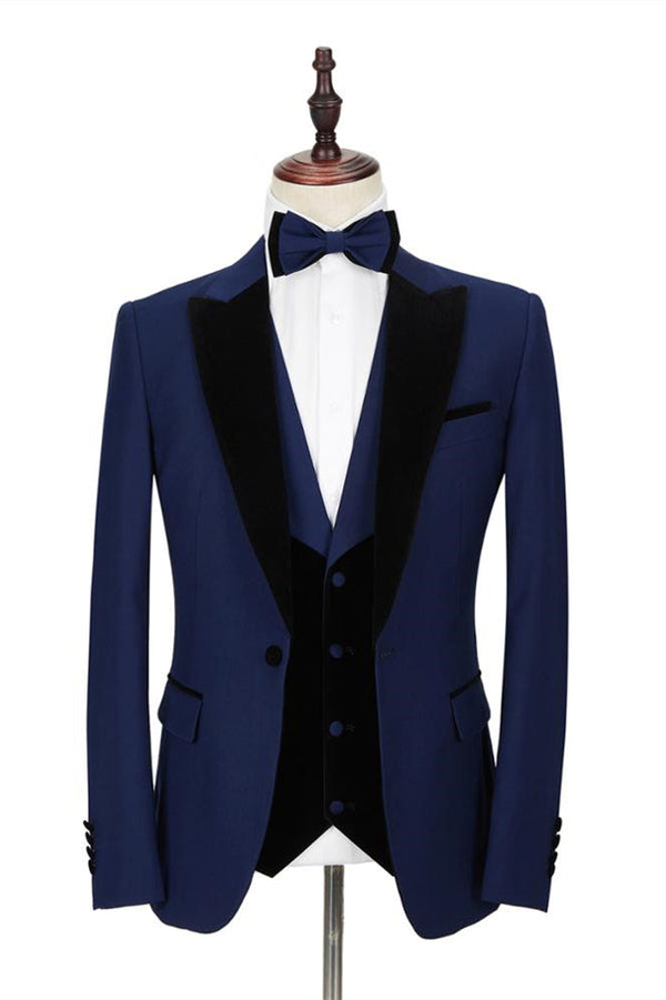 Dark Blue Peak Lapel Men's Wedding Suit Velvet Lapel Formal Suit-Ballbella