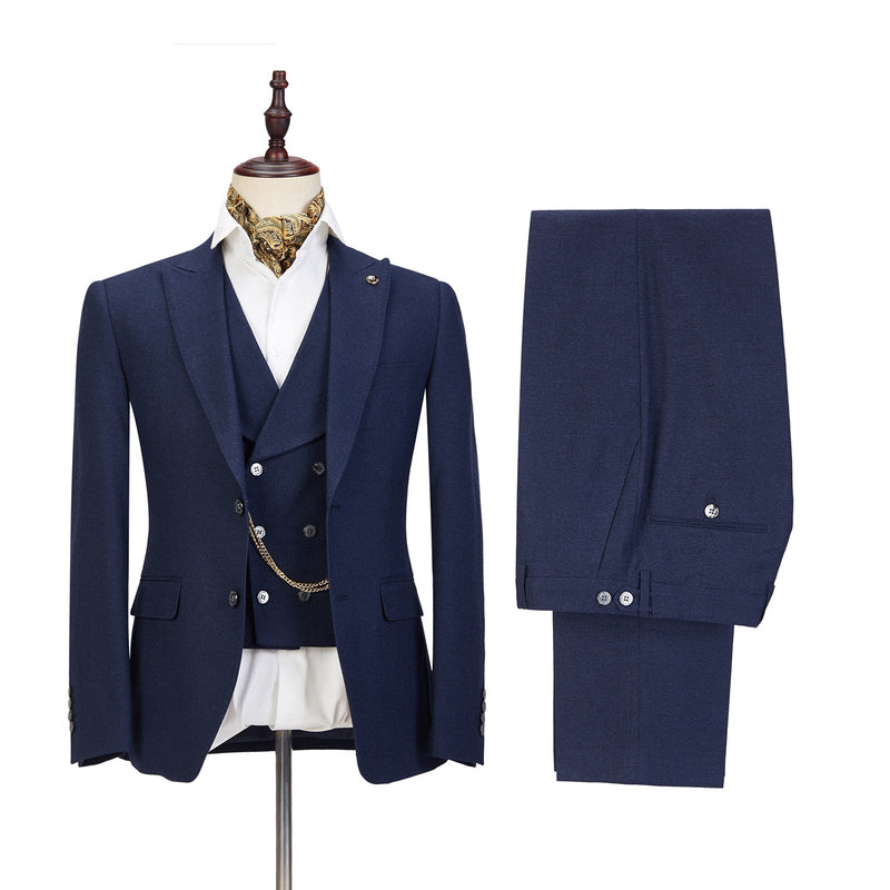 Dark Blue Three-piece Fashion Peaked Lapel Wedding Men Suits Sale-Ballbella