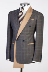 Dark Gray Plaid Business Suit with Double-Breasted Satin Lapel-Ballbella