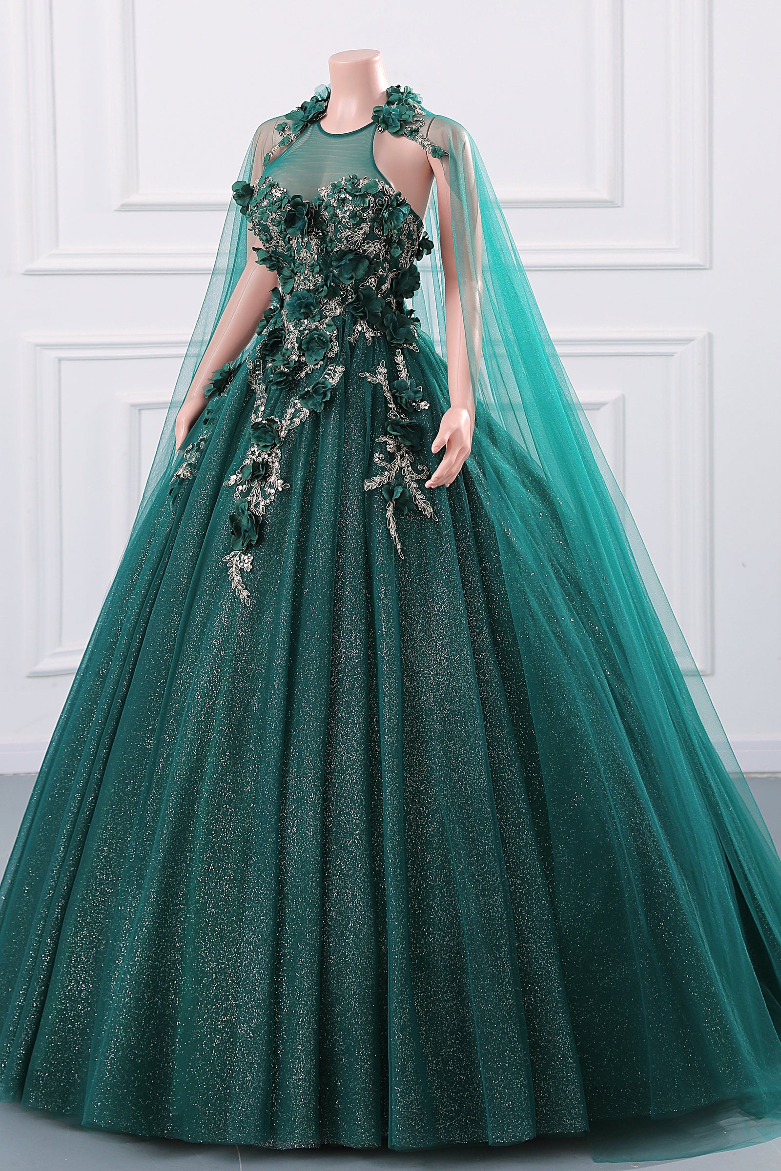 Dark Green Appliques Beaded Flowers Ball Gown Qunice Dresses Dark Green Appliques Beaded Flowers Ball Gown Qunice Dresses