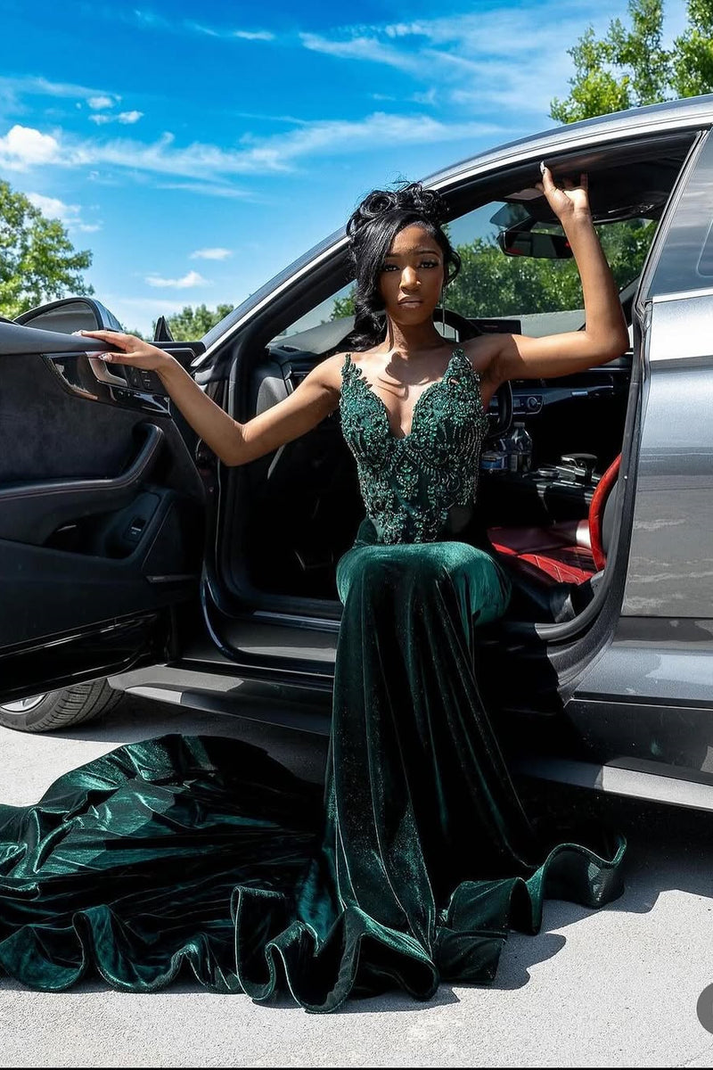 Dark Green Beaded Mermaid Fit Floor Length Prom Dresses Dark Green Beaded Mermaid Fit Floor Length Prom Dresses