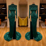 Dark Green Beadings Pearl Long Sleeves Evening Gowns Mermaid Prom Dress With Slit-Ballbella