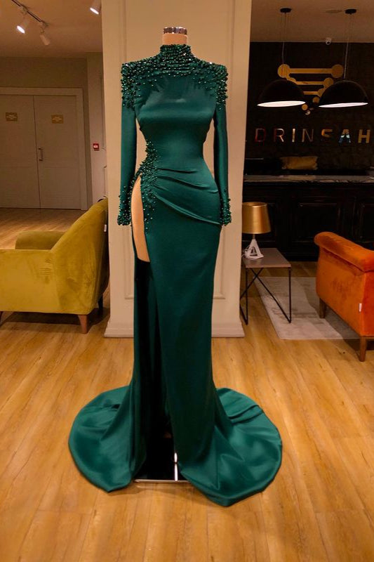 Dark Green Beadings Pearl Long Sleeves Evening Gowns Mermaid Prom Dress With Slit-Ballbella