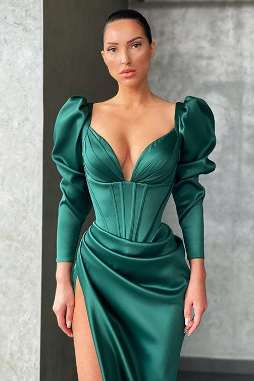 Dark green Bubble sleeves High-split Mermaid Prom Dress-Ballbella