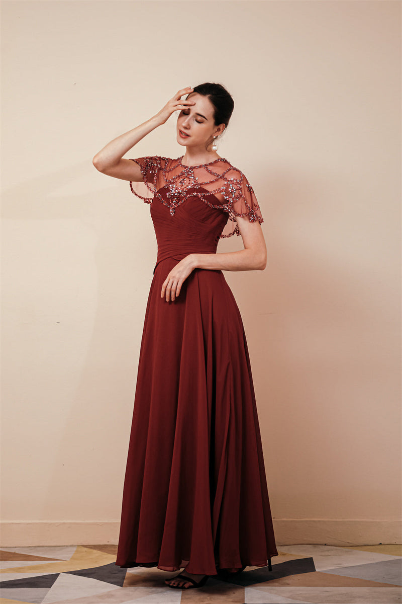 Dark green Chiffon Sparkle Beaded Evening Dress with Cape-Ballbella