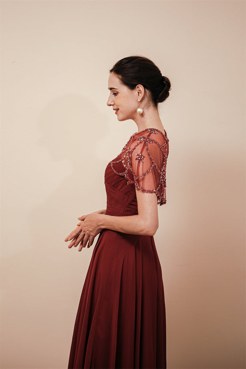 Dark green Chiffon Sparkle Beaded Evening Dress with Cape-Ballbella