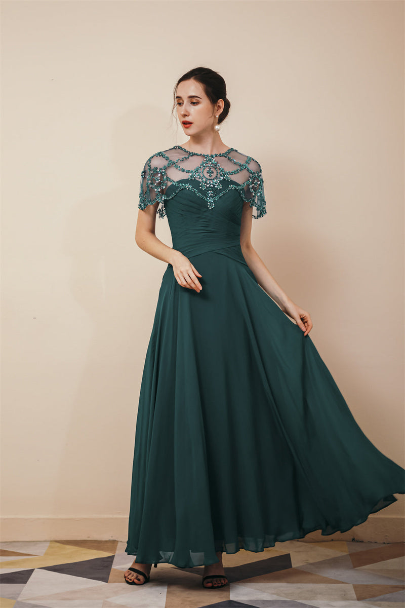 Dark Green Chiffon Sparkle Beaded Evening Dress with Cape, Dark Green / US2 Dark Green Chiffon Sparkle Beaded Evening Dress with Cape, Dark Green / US2