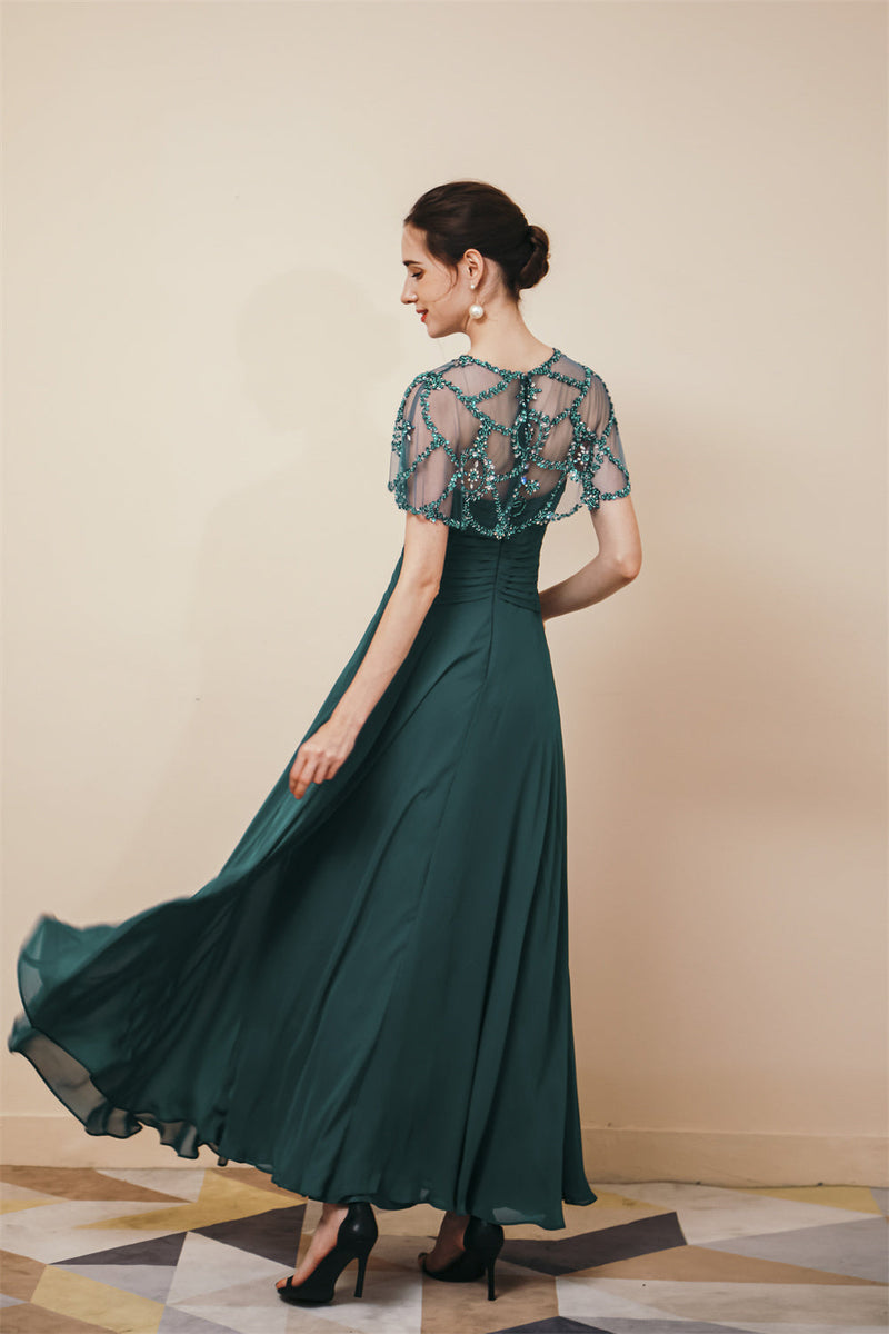 Dark Green Chiffon Sparkle Beaded Evening Dress with Cape, Dark Green / US2 Dark Green Chiffon Sparkle Beaded Evening Dress with Cape, Dark Green / US2