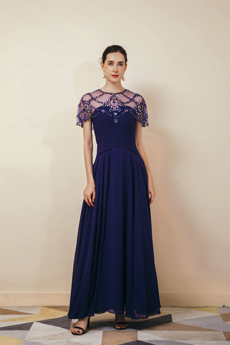 Dark green Chiffon Sparkle Beaded Evening Dress with Cape-Ballbella