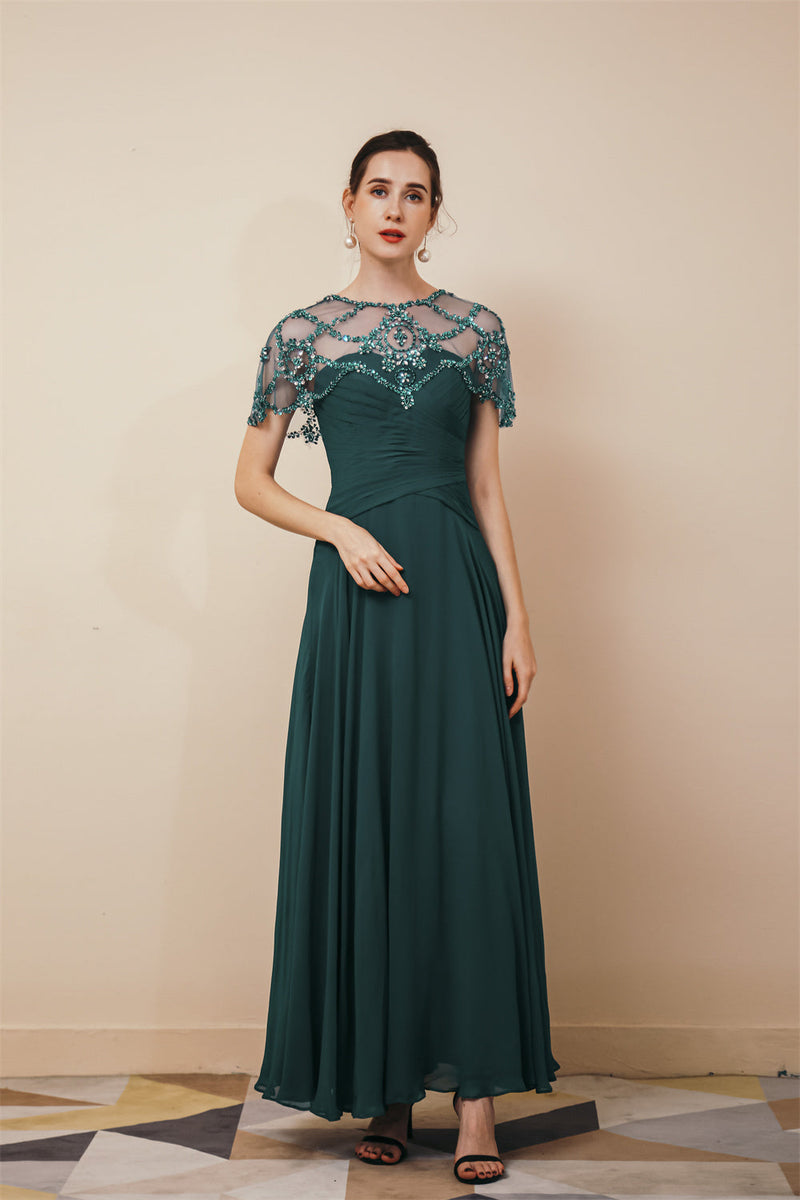 Dark Green Chiffon Sparkle Beaded Evening Dress with Cape, Dark Green / US2 Dark Green Chiffon Sparkle Beaded Evening Dress with Cape, Dark Green / US2