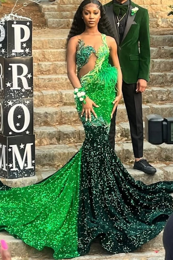 Dark Green Emerald Green Mermaid Hot See through Keyhole Prom Dresses-Ballbella