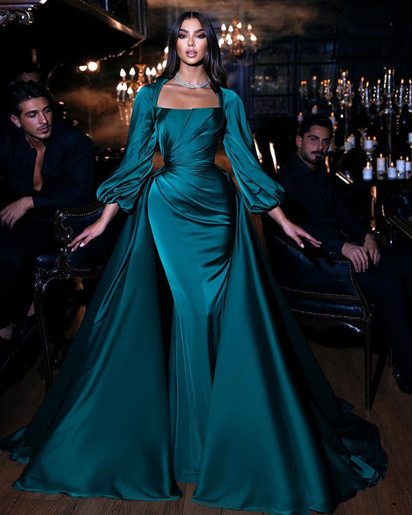 Dark Green Long sleeves Floor length Mermaid Prom Dress with Detachable Train-Ballbella