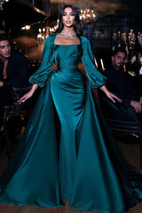 Dark Green Long sleeves Floor length Mermaid Prom Dress with Detachable Train-Ballbella